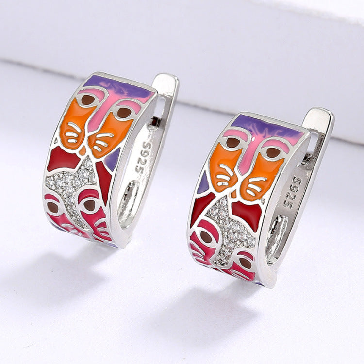 Women's Colorful Cartoon Cat Face Unique Handmade Doodle Stud Earrings