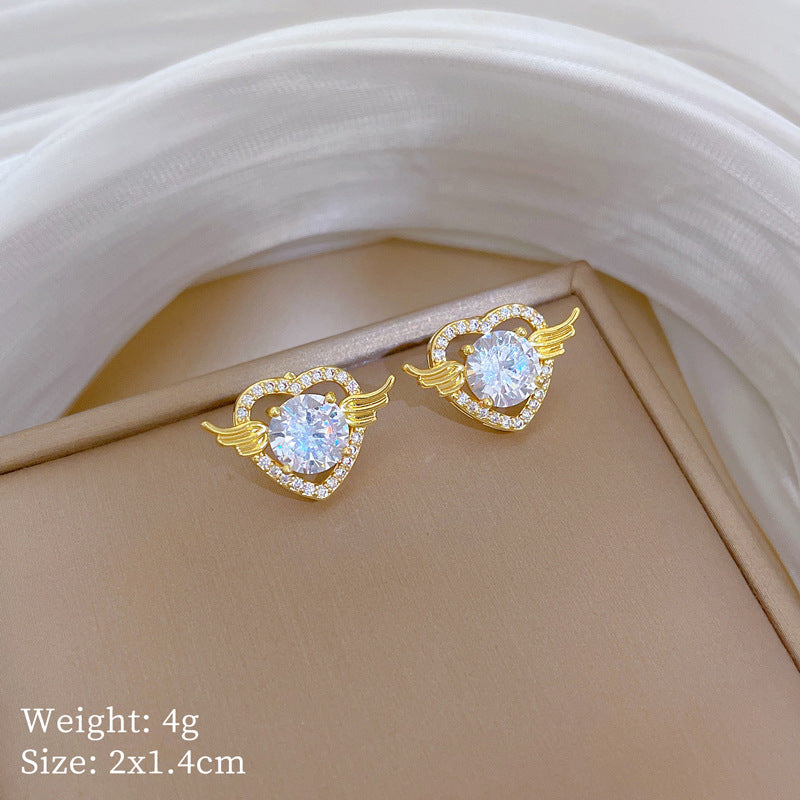 Titanium Steel Heart Wings Suite Light Luxury Micro Inlaid Earrings