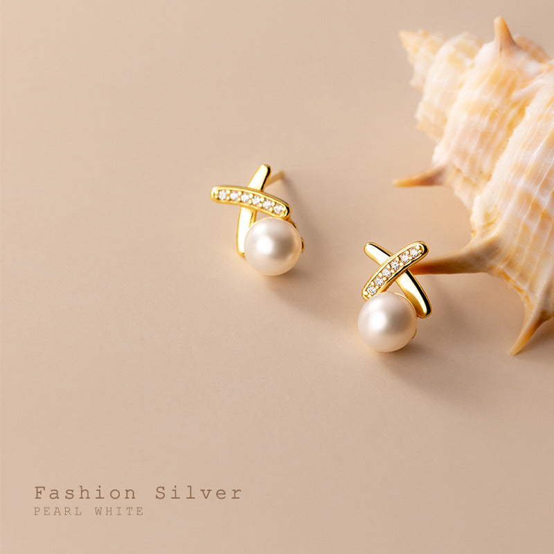 Women's Lodge Sier Sweet Pearl Small Cross Earrings