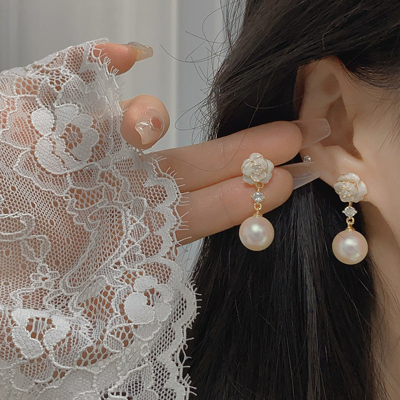 Sense Camellia Drip Glazed Pearl Refined Zircon Long Pink Mosquito Rings