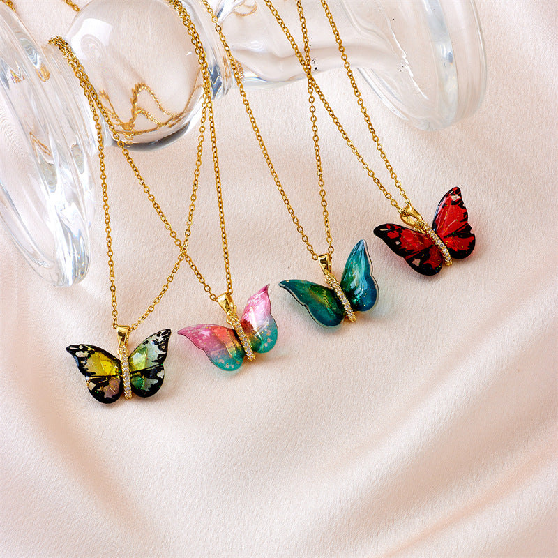 Steel Female Epoxy Color Simulation Butterfly Necklaces