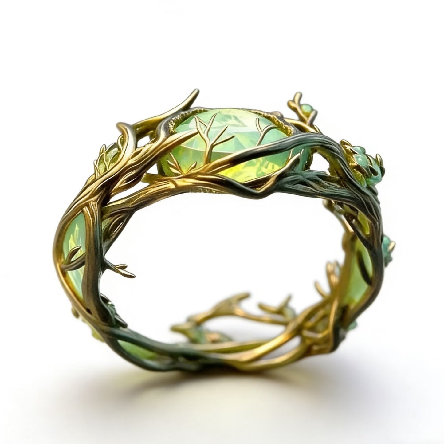 Craft Retro Personality Oval Jade Inlaid Malachite Branches Rings