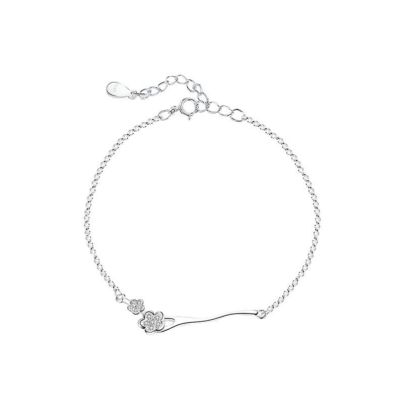 Fresh Peach Blossom Branch Female Special Interest Light Luxury Sier Bracelets