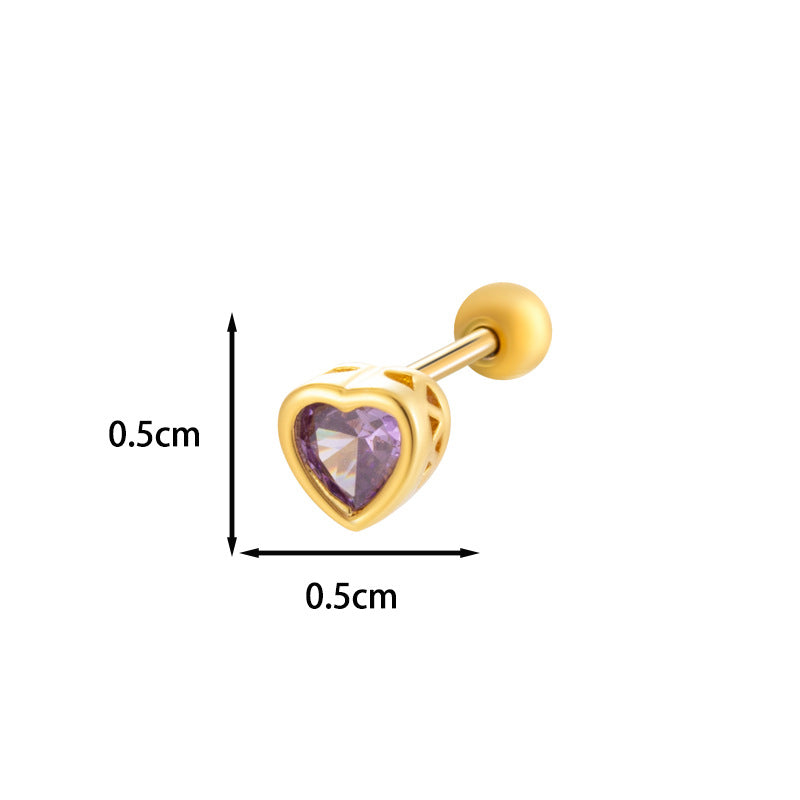 Loving Heart Zircon Ear Bone Pin Titanium Steel Screw Stud Earrings