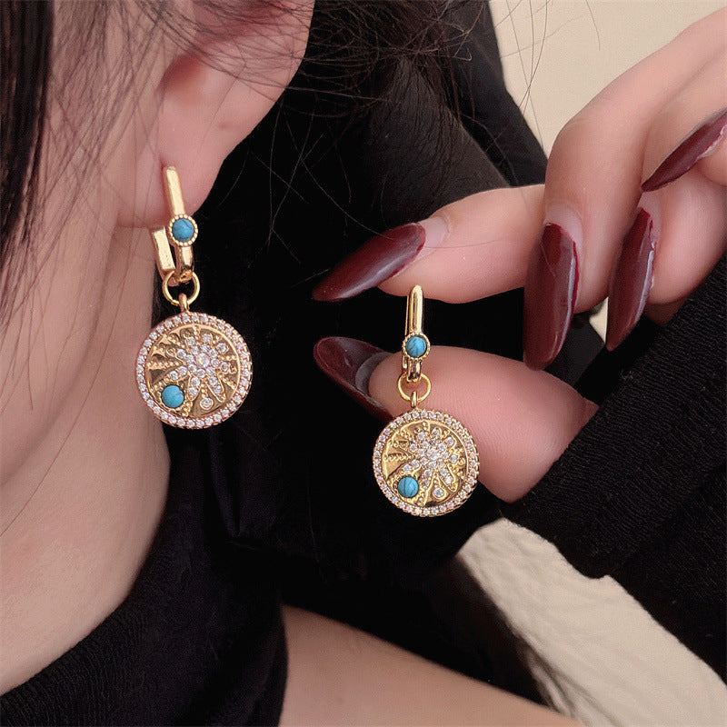 Style Micro Inlaid Turquoise Light Luxury Ancient Temperament Ear Clip Earrings