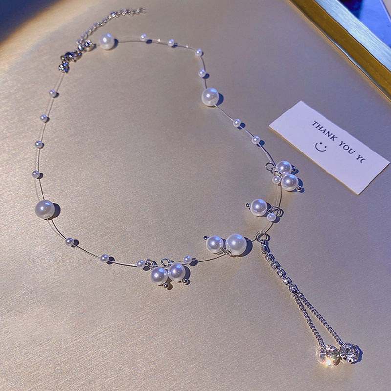 Women's Zircon Tassel High-grade Vintage Pearl Fishline Clavicle Chain Necklace