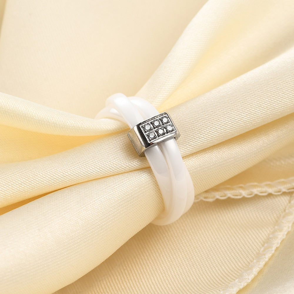 White Ceramic Three-ring Cross Stainless Steel Rings