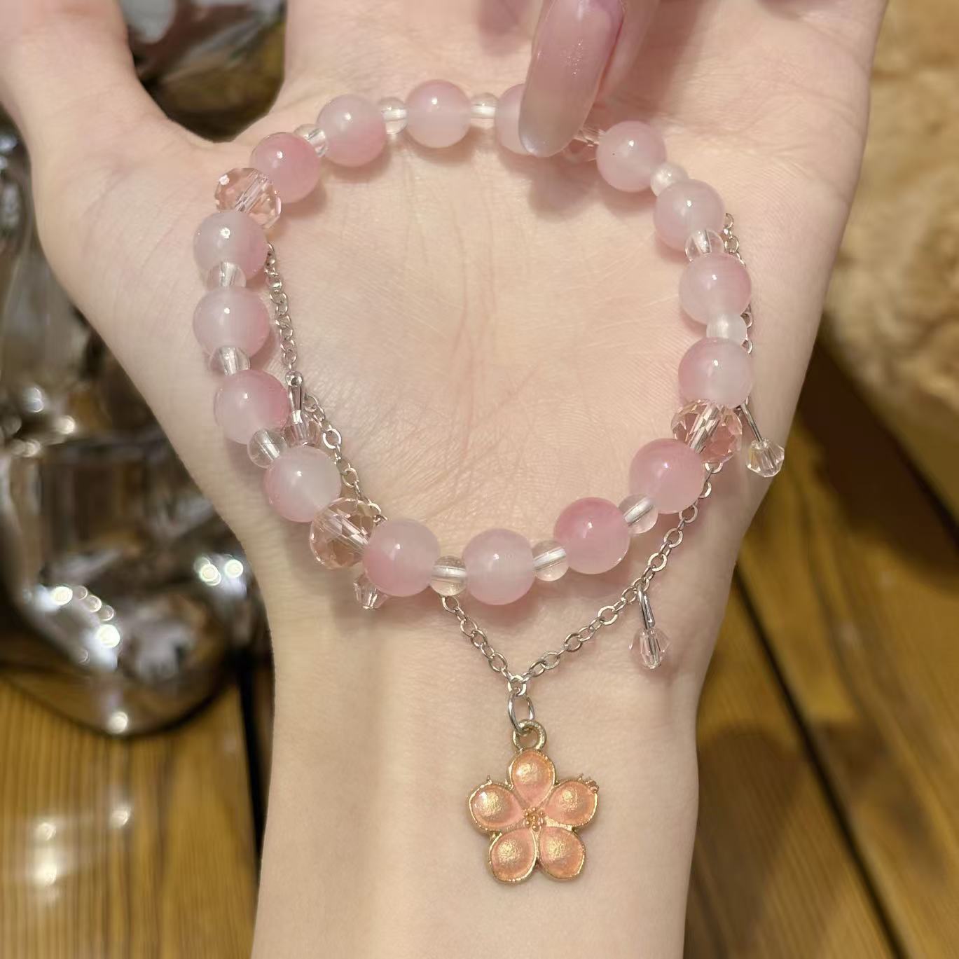 Pink Beaded Sweet Temperament White Bow Bracelets