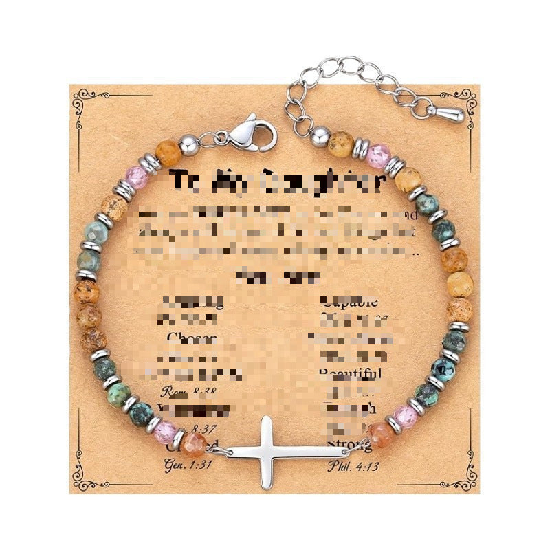 Women's Beaded Stainless Steel Cross Shelf Lobster Bracelet