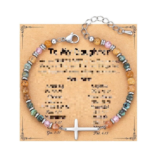 Women's Beaded Stainless Steel Cross Shelf Lobster Bracelet