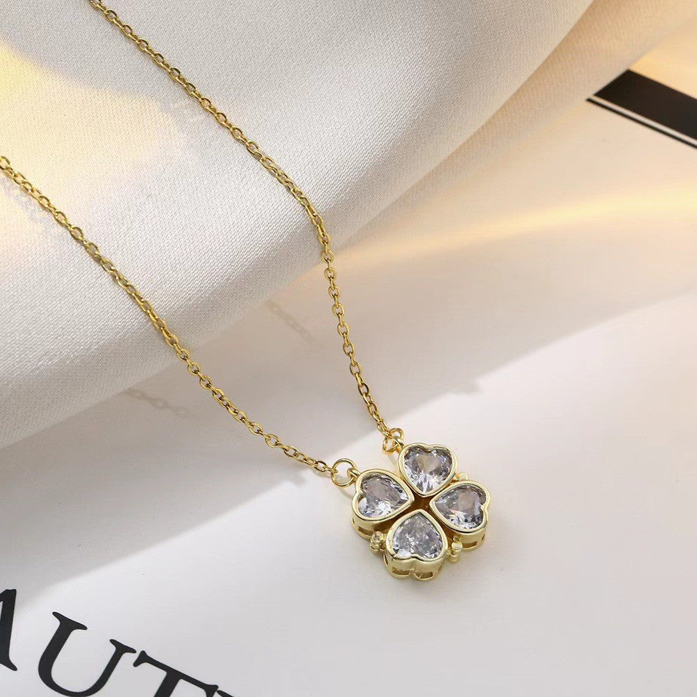 Women's Steel Cross Chain Open Close Four-leaf Flower Necklace