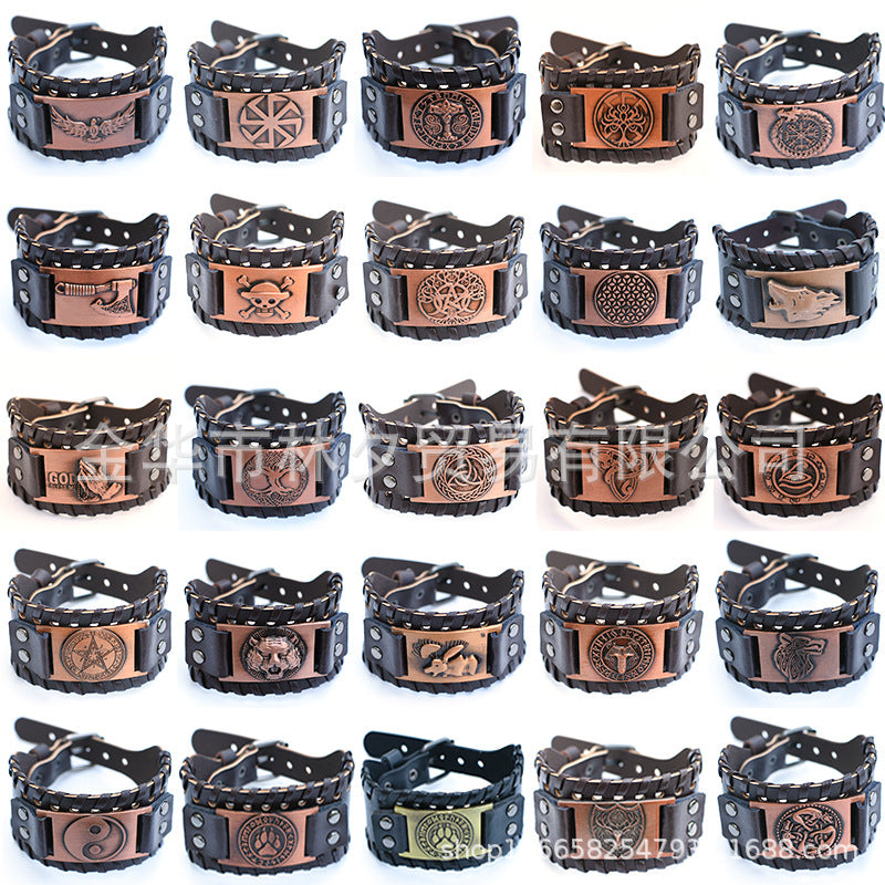 Men's Retro Viking Totem Leather Wolf Head Bear Claw Gossip Lucky Bracelet