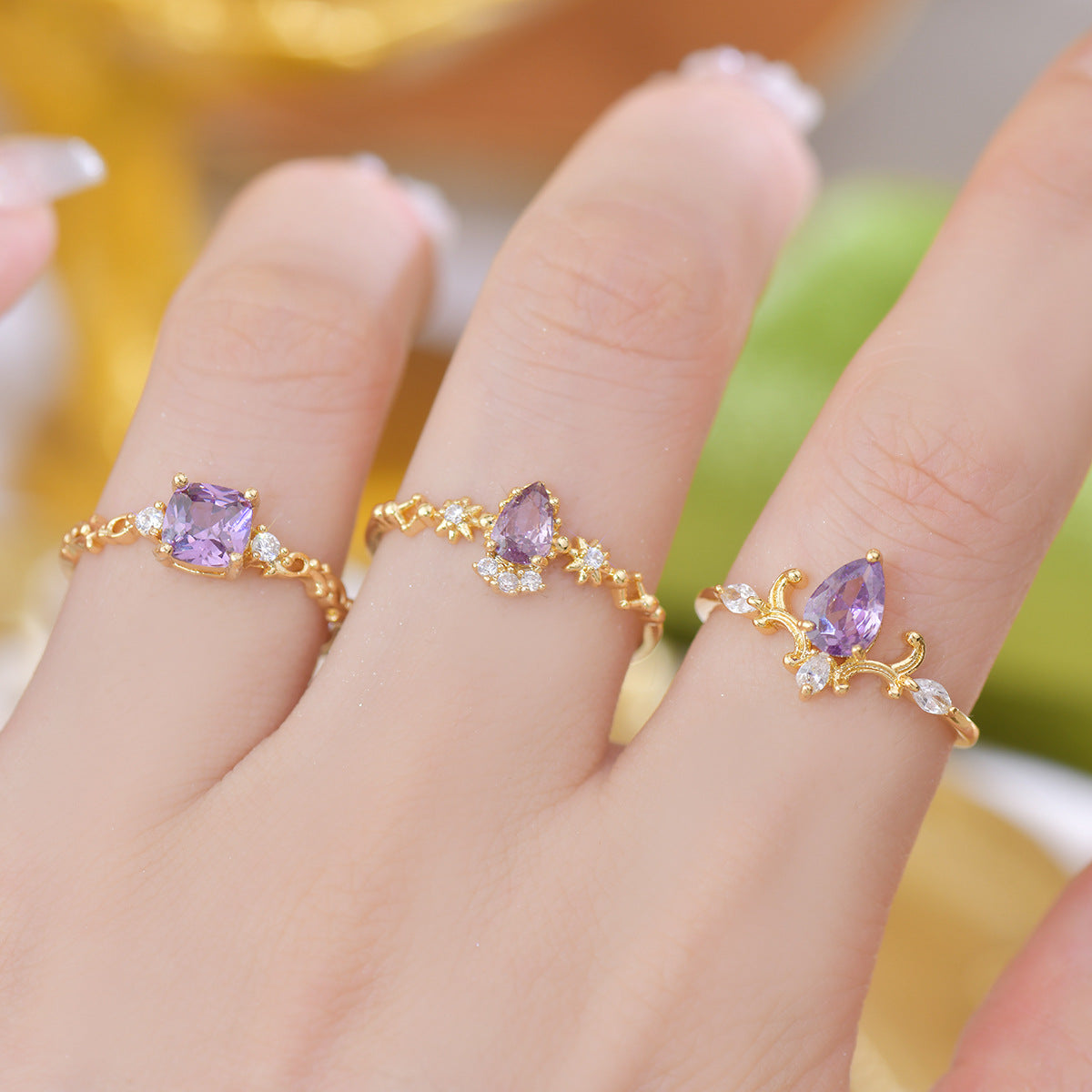 Flower Branch Design Water Drop Zircon Olive Green Purple Rings