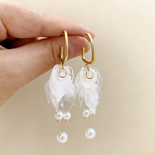 French White Petals Pearl Tassel Light Luxury High Earrings