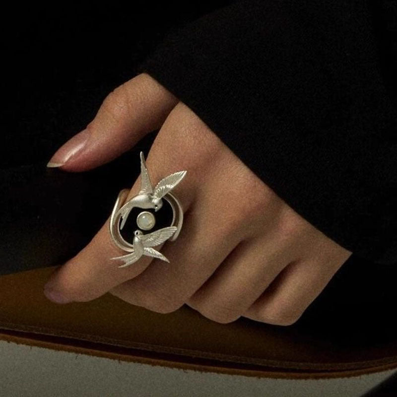 Retro Bird Open-end Pearl Personality Creative Niche Rings
