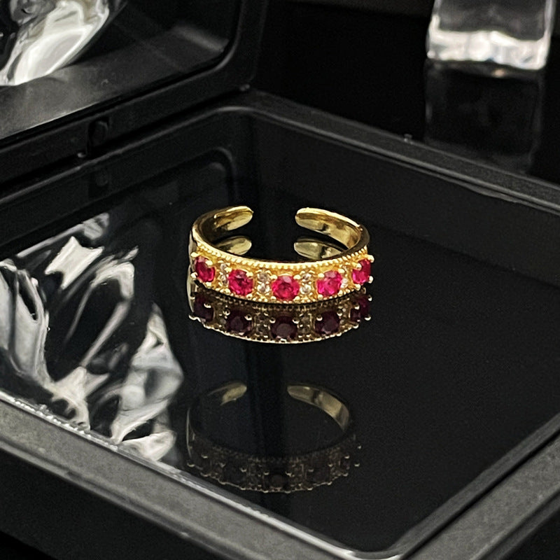 French Retro Court Gold Pink Diamond Open Female Rings