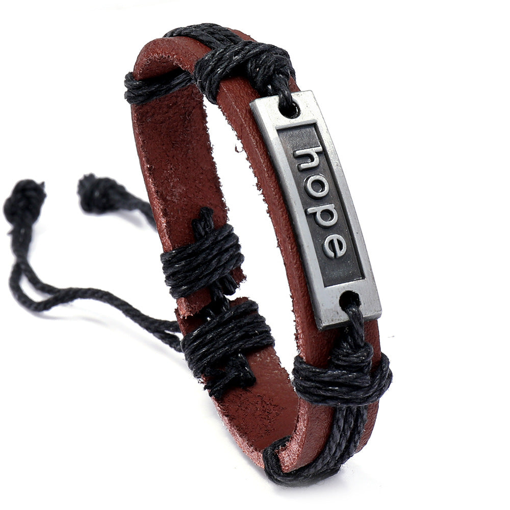 Men's Cattle Leather Alloy Woven Hand Strap Bracelet