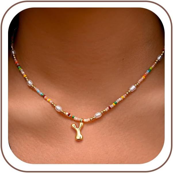 Best-selling Bubble Gold English Letter Color Small Beads Pearl Necklace
