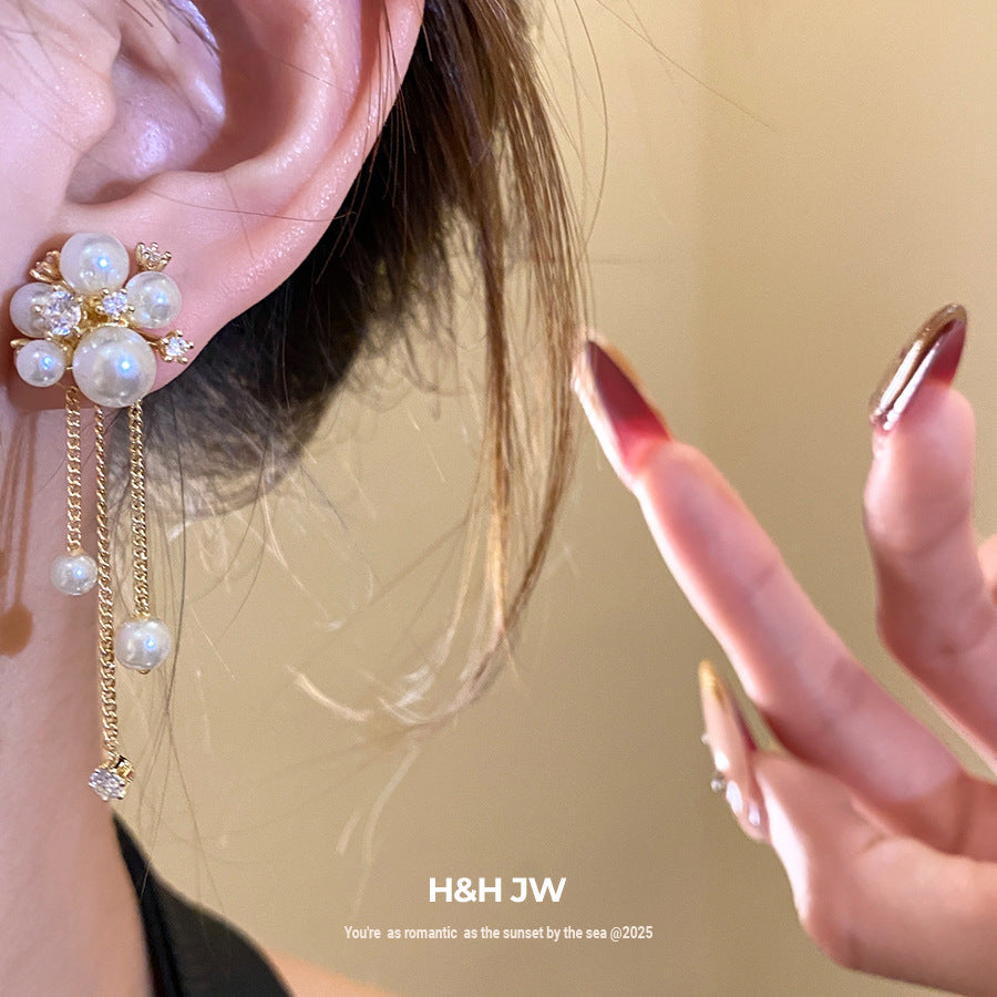 Zircon Tassel Pearl Flower Elegant Wild Light Luxury High-grade Design Earrings