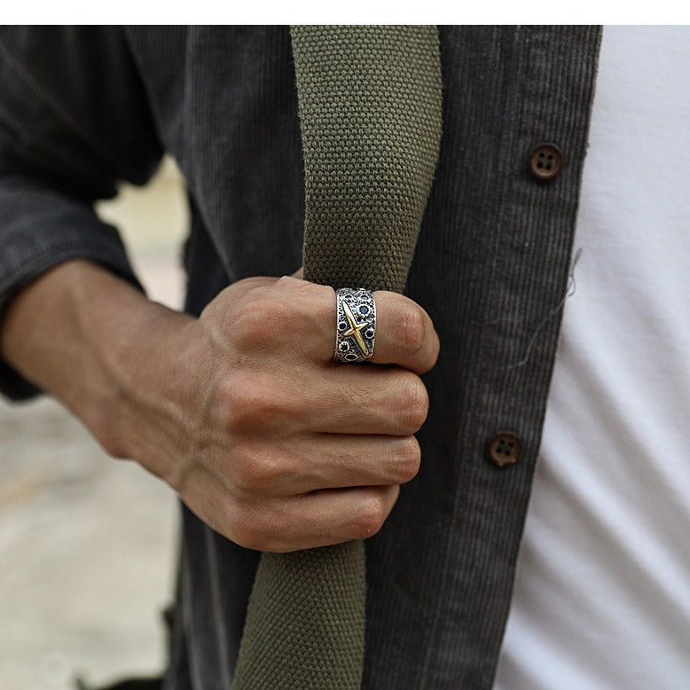 Cross Star Inlaid Blue Zirconium Open Starry Male Ring