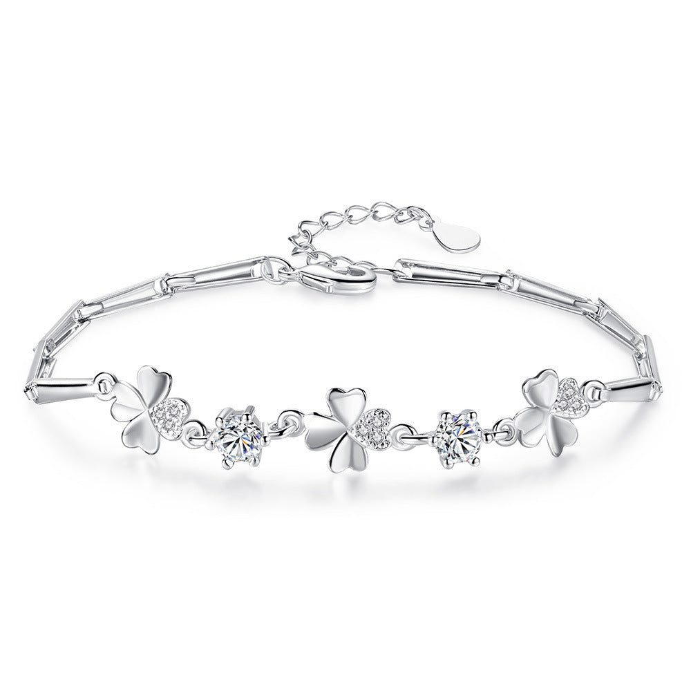 Version Sweet Temperament Female Four-leaf Clover Rotating Flower Sier Decoration Bracelet