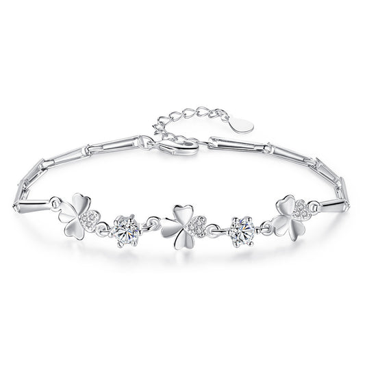 Version Sweet Temperament Female Four-leaf Clover Rotating Flower Sier Decoration Bracelet