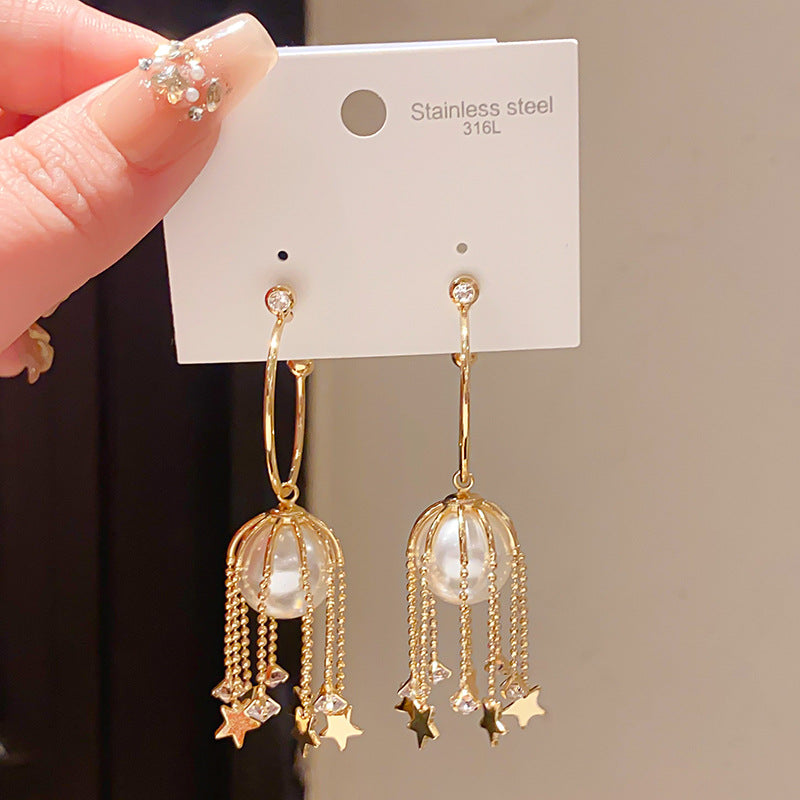 Sier Needle Retro Imitation Pearl Zircon Geometric Shaped Star Tassel Earrings