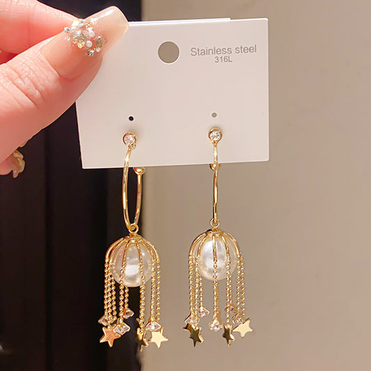 Sier Needle Retro Imitation Pearl Zircon Geometric Shaped Star Tassel Earrings