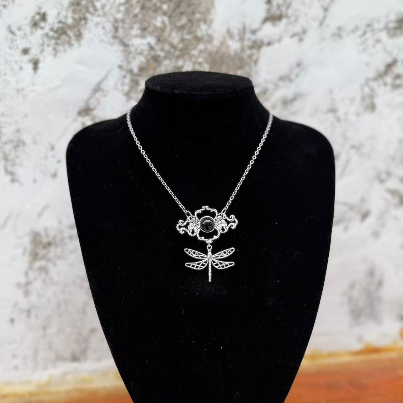 Vintage Pierced Black Gem Flower Butterfly Weird Necklace