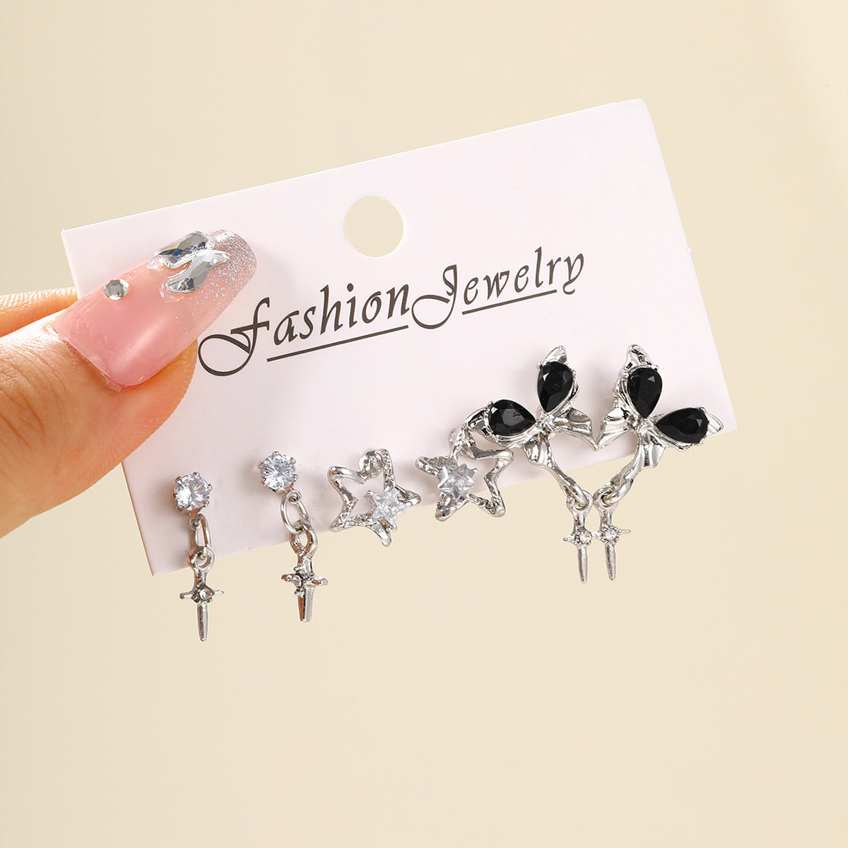 Cool Style Black Zircon Butterfly Pentagram Love Heart Three-piece Female Rings