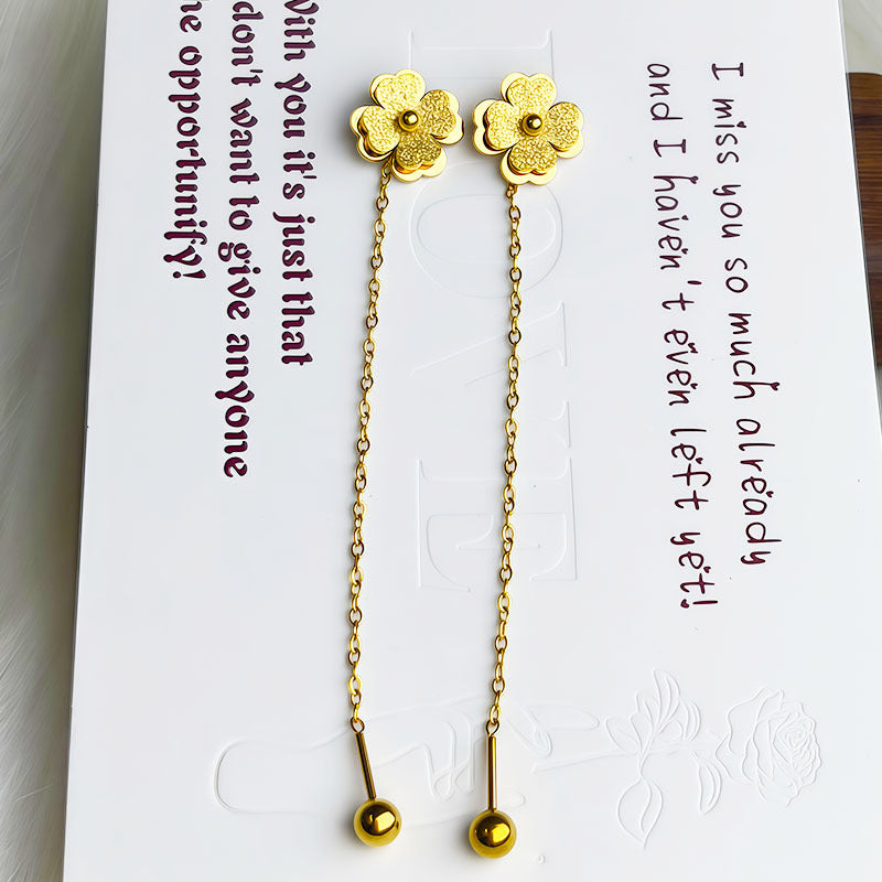 Women's Steel Frosted Gold Clover Lines Rose Temperamental Tassels Stainless Long Ear Line