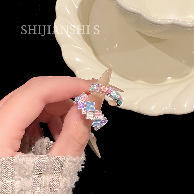 Women's Field French Colorful Flowers Hydrangea Open Ring