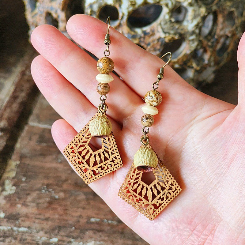Style Retro Minority Mori Bohemian Indian Wandering Hollow Wood Grain Earrings