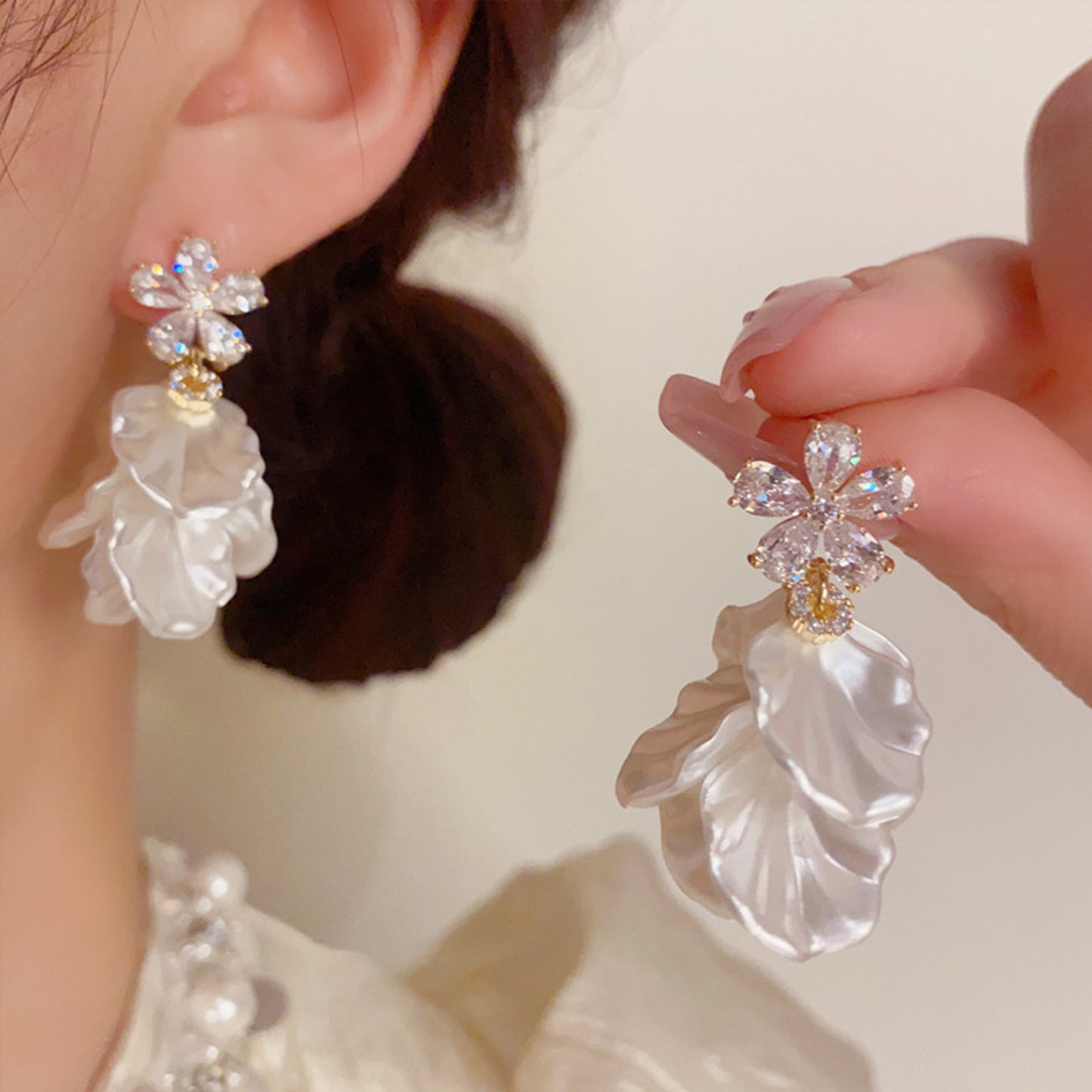 Minority Design Zircon Petal Fringed Female Sier High Class Earrings