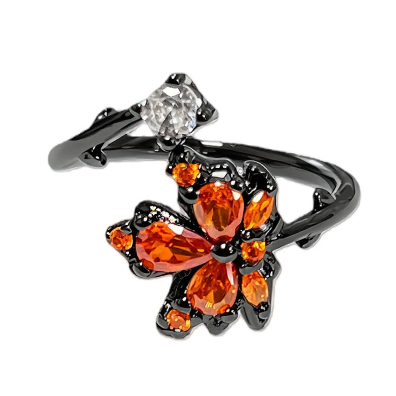 Trendy Cool Full Diamond Dark Style Cross Red Maple Leaf Ring