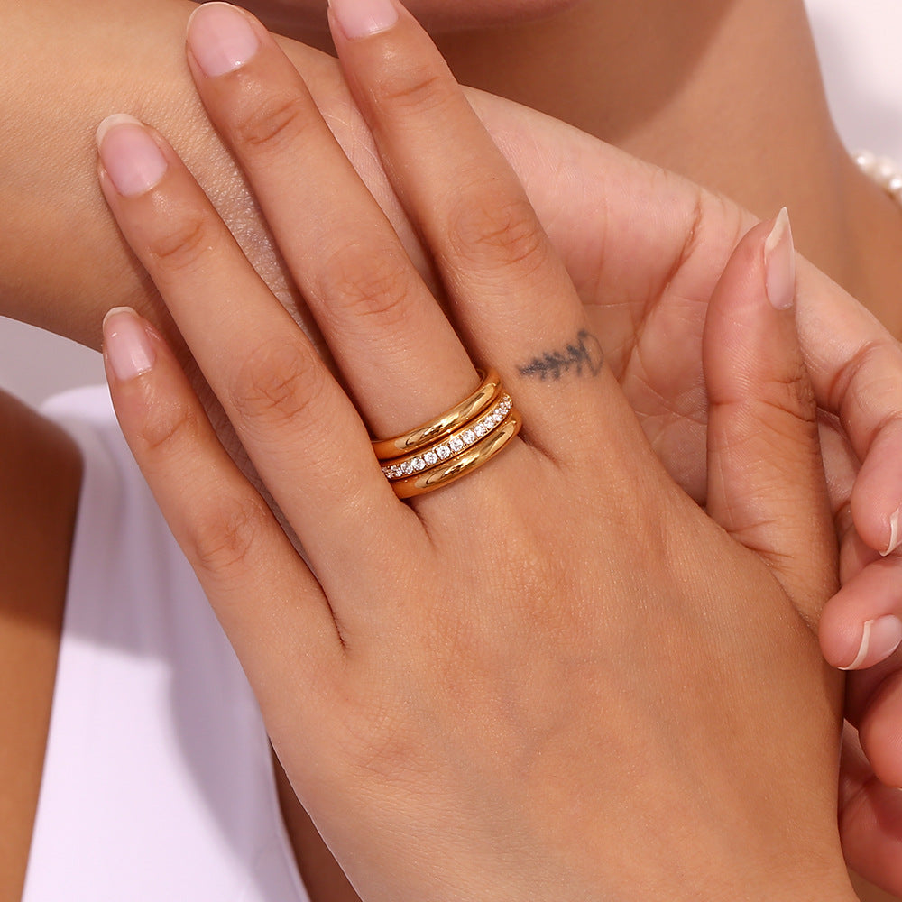 Women's Zircon Simple Three-piece Stainless Steel Gold Plated Light Luxury Ring