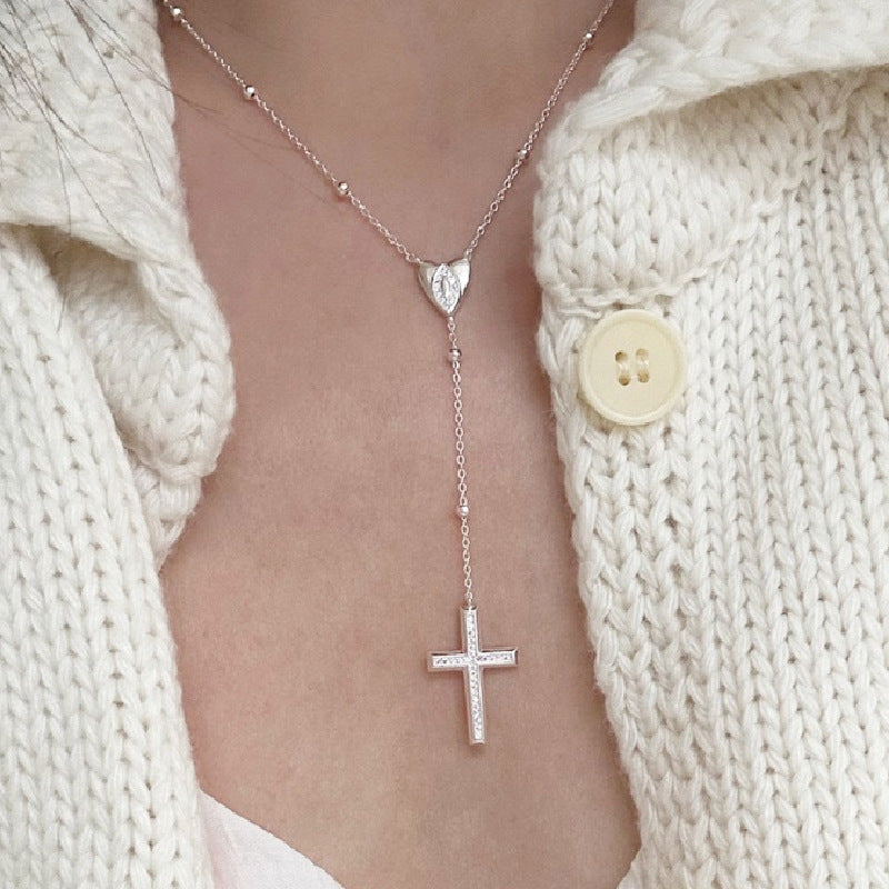 Women's Zircon Delicate Heart Cross Design Long Clavicle Pendants