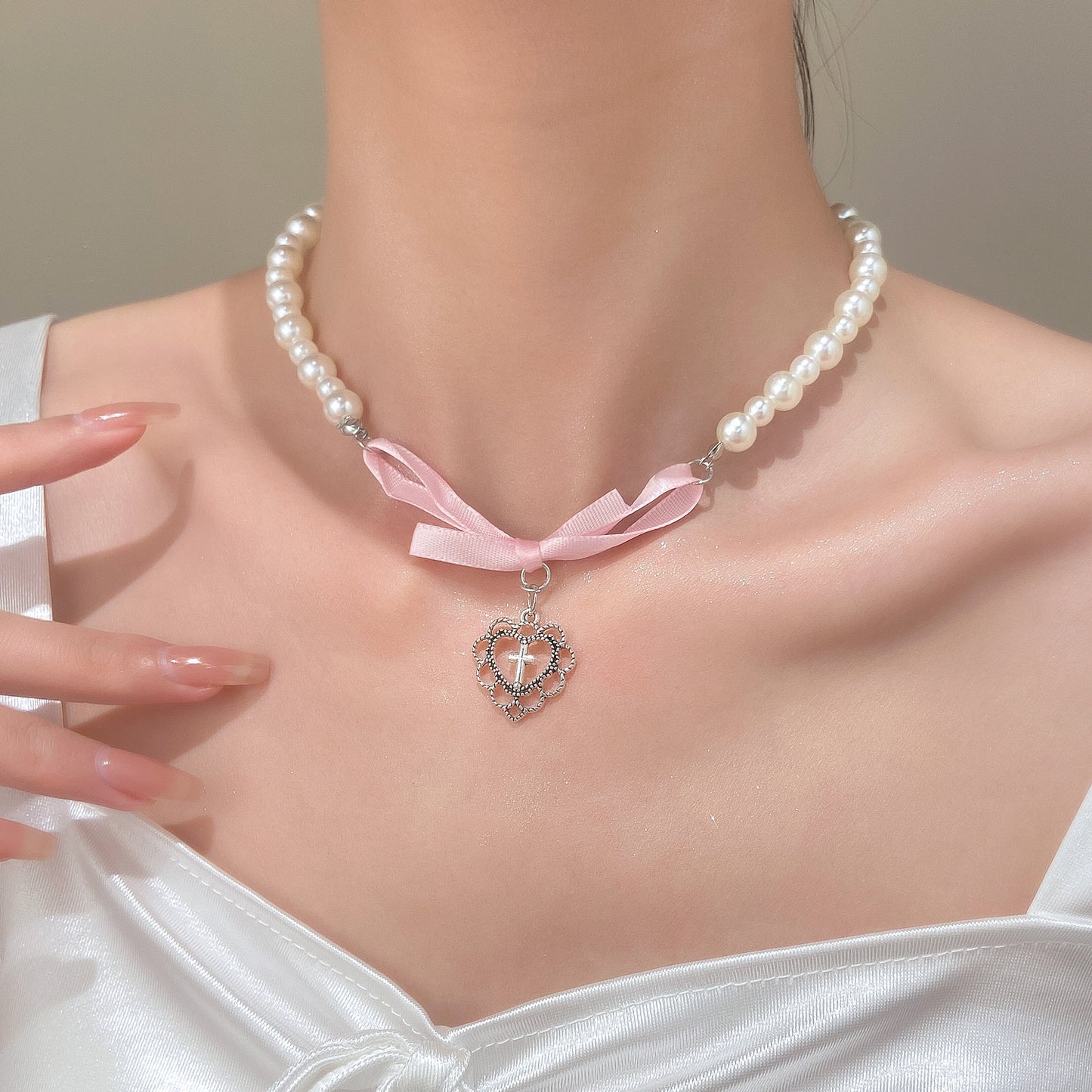 Bow Love Pearl Female Sweet Pure Necklaces