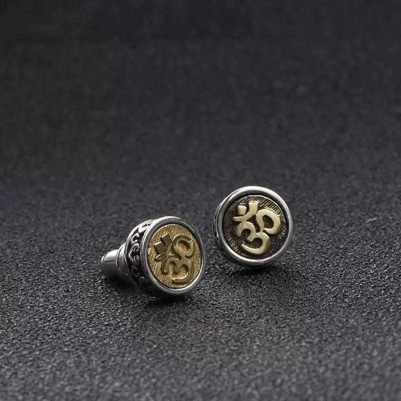 Mantra Unisex Style Points Gold Imitation Thai Sier Characters Male Stud Earrings