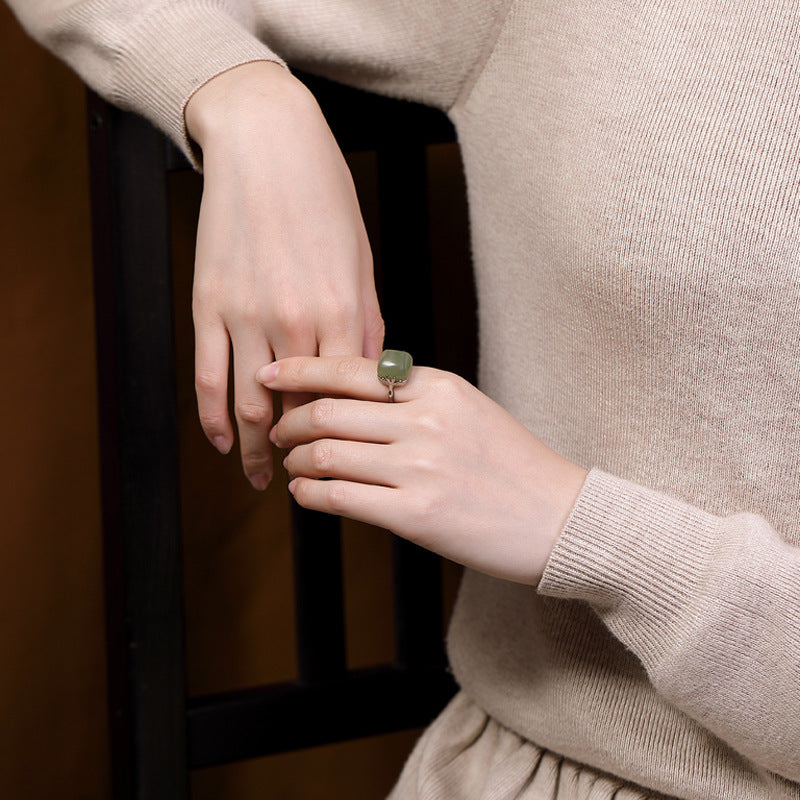 Women's Style Sier Plated Imitation Gray Jade Retro Elegant Bamboo Ring