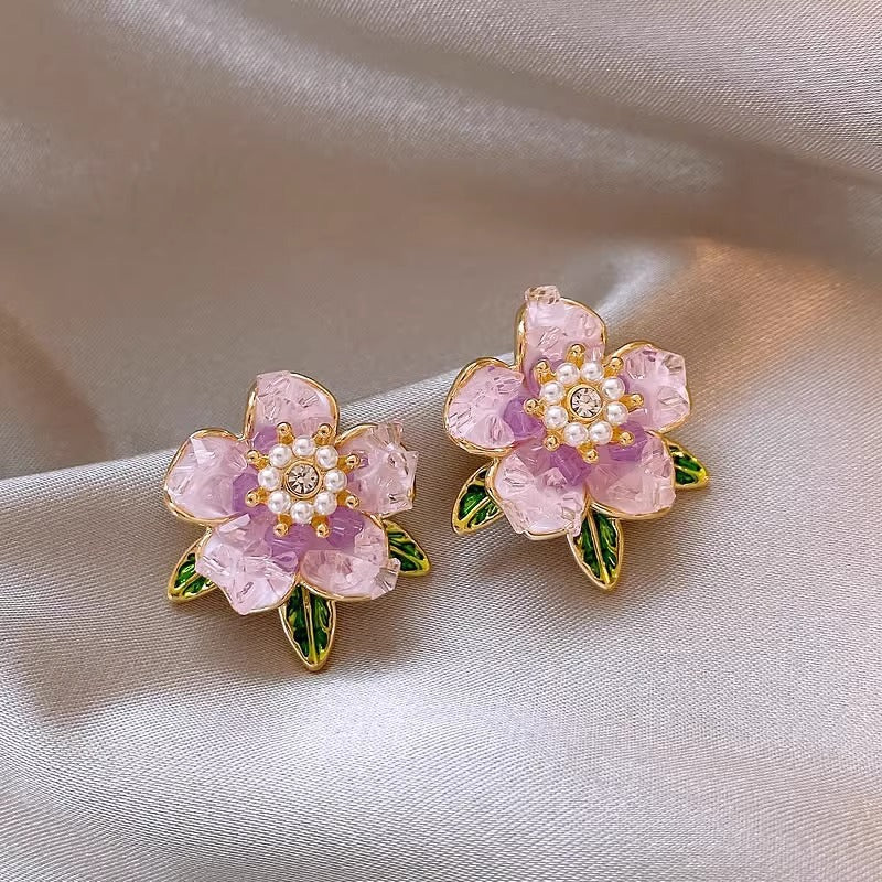 Enamel Camellia Sweet Style Light Luxury Niche Pearl Flower Stud Earrings