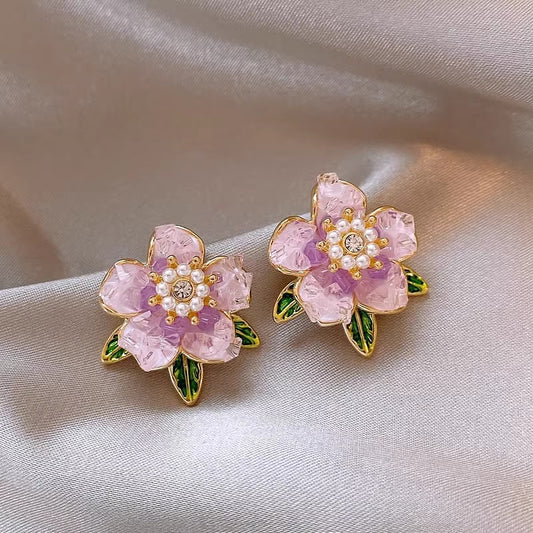 Enamel Camellia Sweet Style Light Luxury Niche Pearl Flower Stud Earrings