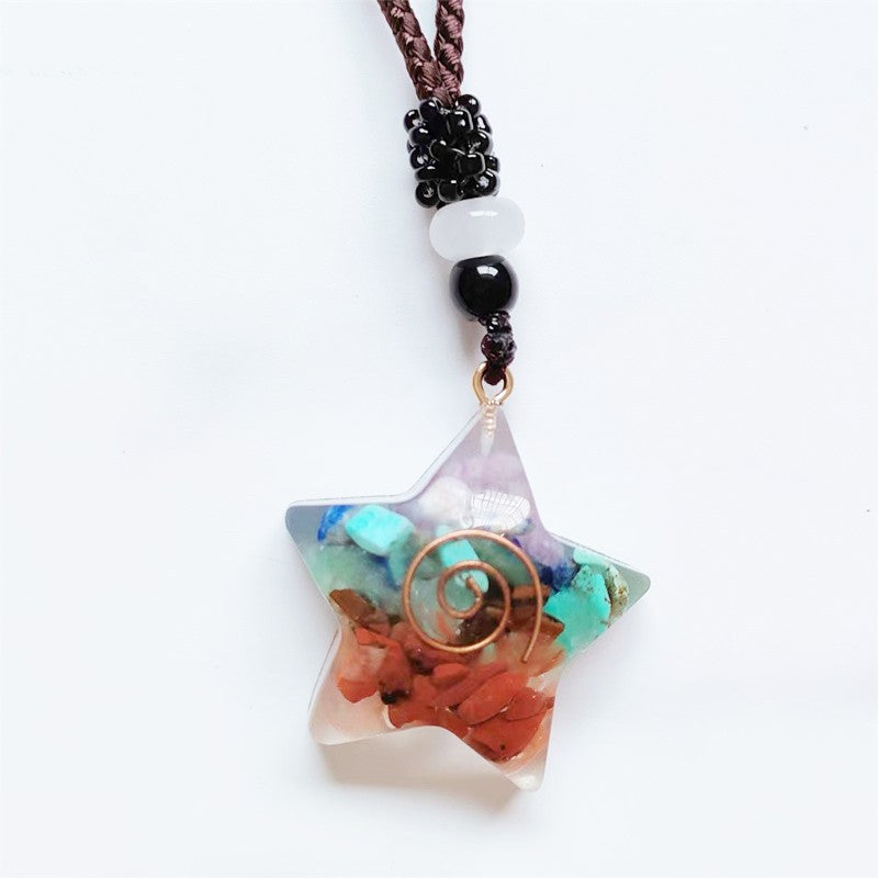 Sweater Chain Colorful Gravel Black Leather Rope Resin Pendants