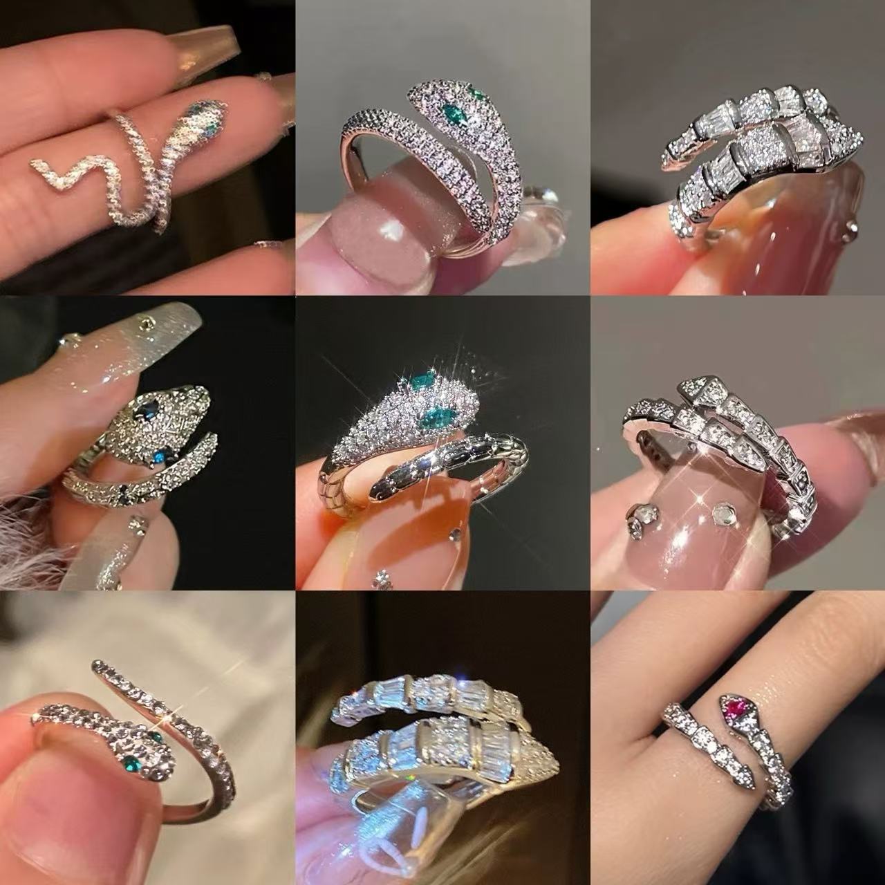 Women's Shining Diamond Snake-shaped Sier Open Advanced Texture Simple Trendy Cool Ring