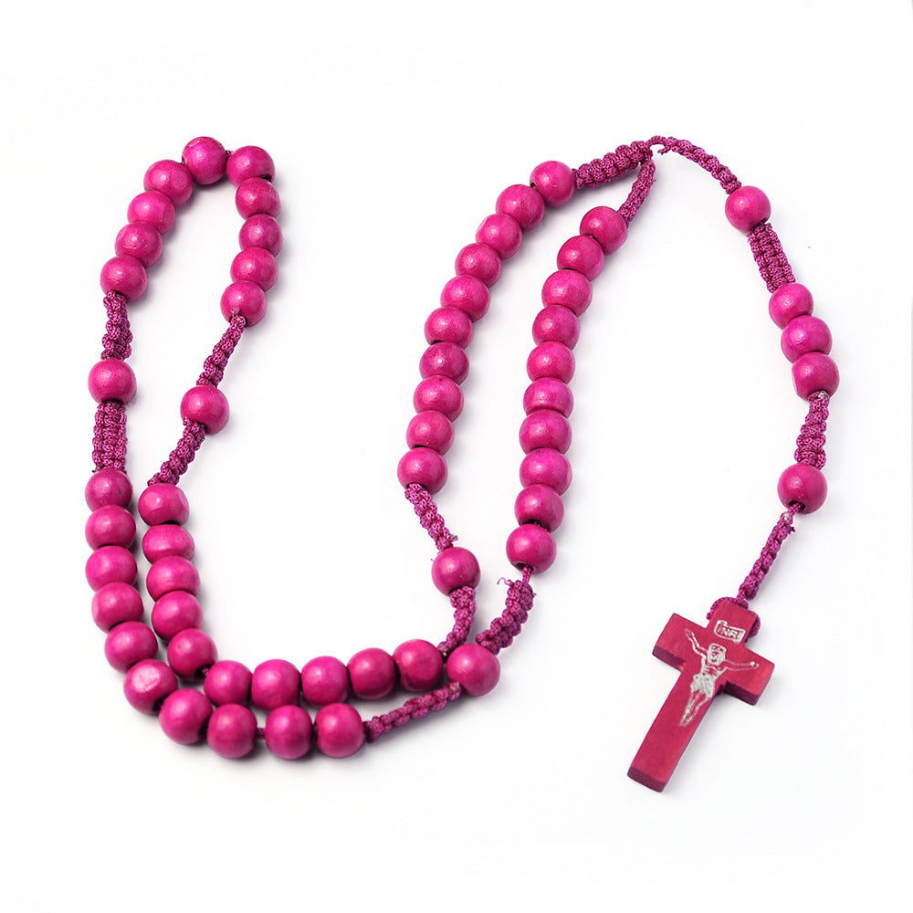 Colorful Wooden Bead Church Beads Cross Necklaces