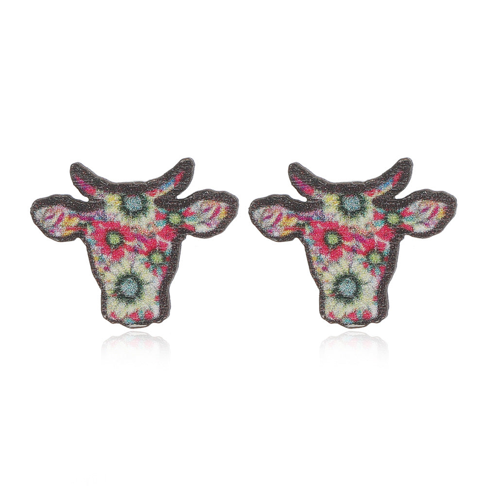 Head Wooden Simple Fashion Personality Cows Pattern Hat Leopard Earrings