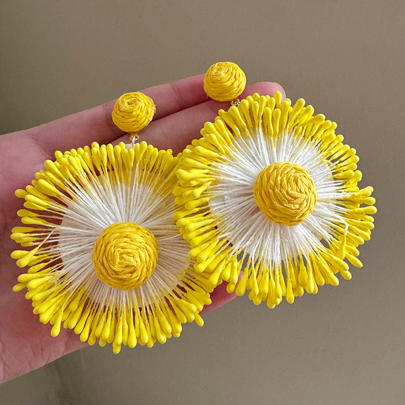 Exaggerated Handmade Raffia Sunflower Unique Travel Earrings