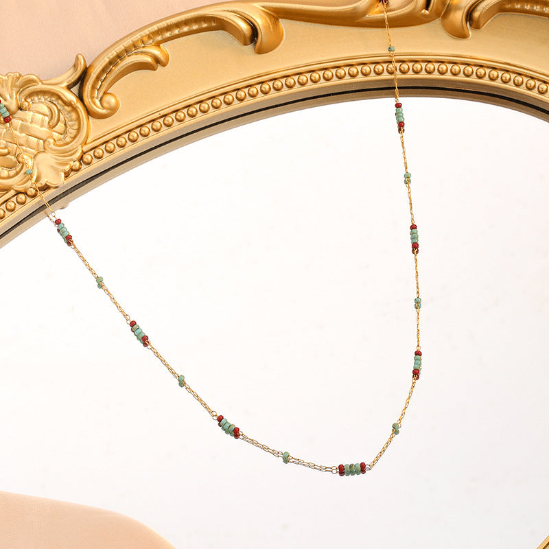 Turquoise Grain Glass Wine Red Contrast Color Beaded Titanium Steel Necklaces