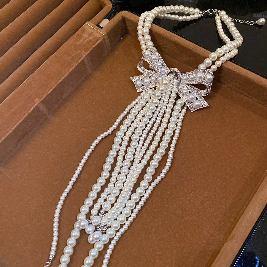 Women's Rhinestone Pearl Beaded Bow Tassel French Refined Grace Clavicle Chain Necklace