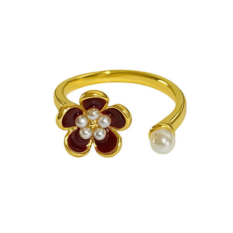 Women's Sweet Retro Affordable Luxury Colorful Enamel Flower Pearl Diamond Asterism Rings